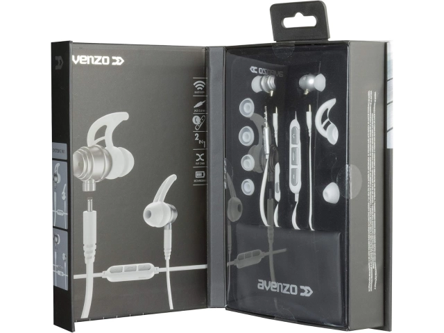 Accesorios incluidos con los auriculares Avenzo AV639 blancos: almohadillas, cable USB y bolsa de transporte.