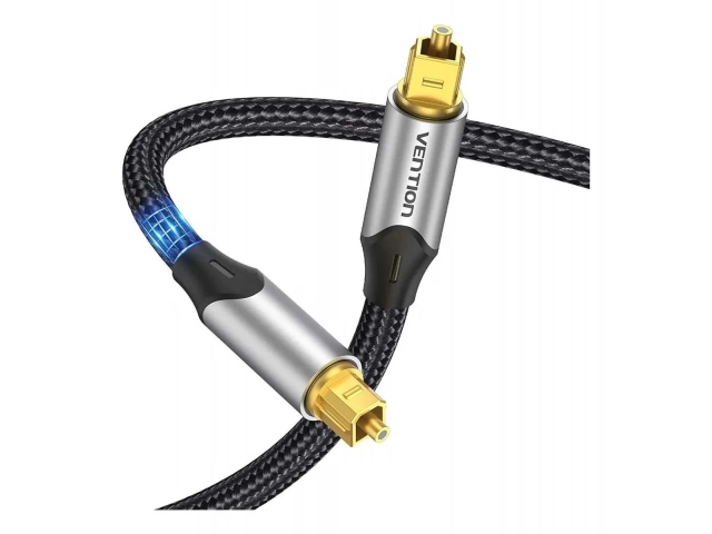 Cable de audio de fibra óptica marca Vention de 2 metros con conectores TOSLINK, para transmisión de sonido digital puro y de alta fidelidad. Disponible en Avlis Uruguay.