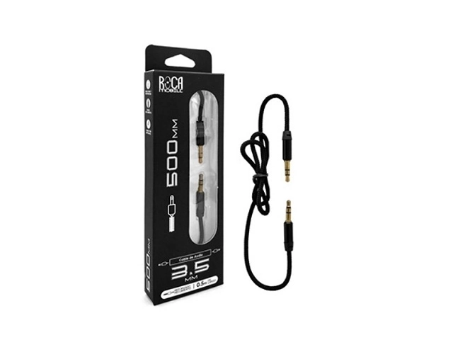Cable auxiliar Roca de 3.5mm y 0.5 metros de longitud, color negro, ideal para conexiones de audio cortas y sin enredos. Disponible en Avlis Uruguay.