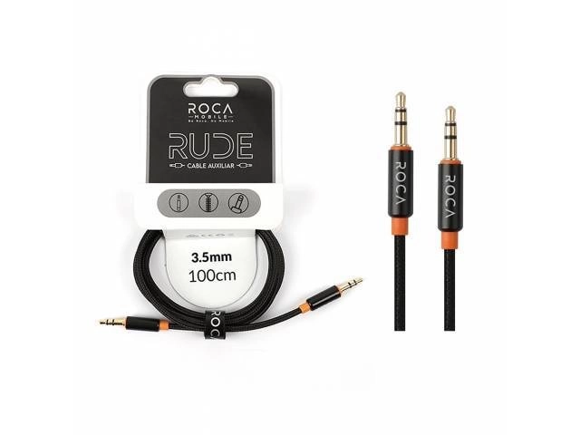 Cable auxiliar Roca de 3.5mm y 1 metro de longitud, color negro, para conexión de audio universal entre dispositivos. Comprar en Avlis Uruguay.