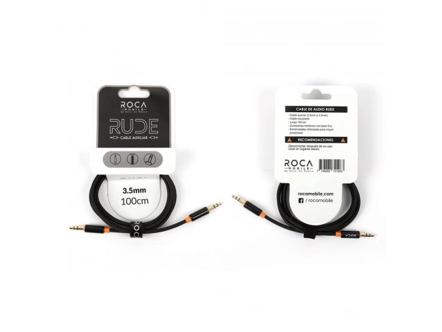 Cable auxiliar Roca 3.5mm en uso, conectando un smartphone a un parlante portátil para disfrutar de música. Ideal para audio en casa o al aire libre. Avlis Uruguay