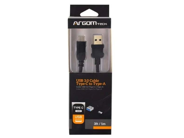 Cable de datos y carga rápida marca Argom, conector USB Tipo C a USB 3.0, ideal para smartphones, tablets y discos duros en Uruguay.
