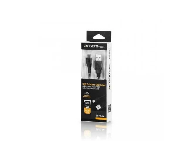 Cable Argom de 1.5m con conector Micro USB para carga y sincronización de datos, flexible y duradero para uso diario, en Avlis Uruguay.