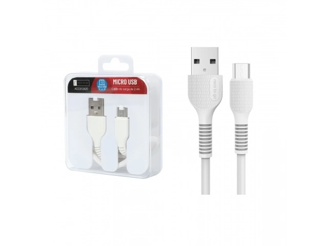 Cable Micro USB ROCA TO GO en color blanco, 1 metro, 2.4A, para carga y sincronización de datos, calidad premium garantizada, en Avlis Uruguay.