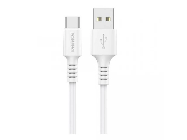 Cable Foneng X63 de 1 metro con conectores USB Tipo C y USB-A, capacidad de 2.1A para carga y datos. Color negro/blanco. Disponible en Avlis Uruguay.