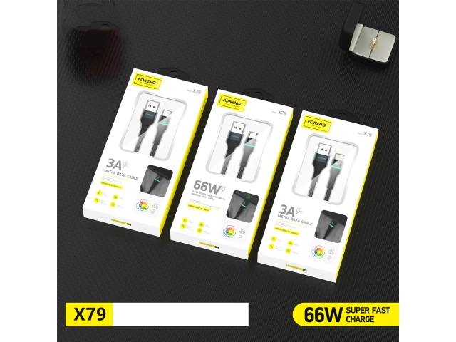 Cable Foneng X79 66W (USB-A a USB-C) demostrando carga súper rápida en smartphone Huawei compatible con SuperCharge. Máxima velocidad. Avlis.