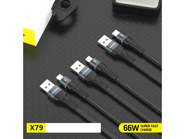 Cable Foneng X79 blanco de alta potencia, soporta hasta 6A y 66W para carga ultra rápida. USB-A a Tipo C. Avlis Uruguay.