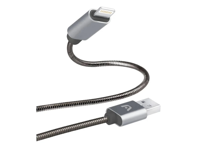 Cable Argom Metal para iPhone con conector Lightning, diseño metálico reforzado color plata/gris, ideal para carga y sincronización duradera. Avlis Uruguay. 