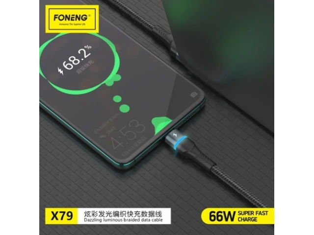 Cable Foneng X79 para iPhone, perfecto para gamers, con robustos conectores metálicos, vibrante luz RGB y potente carga de 3 Amperios, diseño duradero, en Avlis Uruguay.