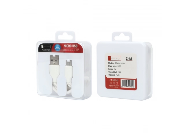 Cable de datos y carga ROCA TO GO Micro USB, 1 metro de longitud, soporta 2.4A para carga rápida, color blanco, ideal para Android y más, en Avlis Maldonado, Uruguay.