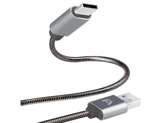 Cable Argom Metal con conector USB Tipo C a USB-A, acabado metálico gris/plata, ultra resistente para carga y datos. Disponible en Avlis Uruguay.