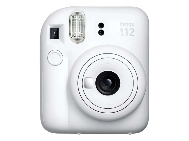 Cámara instantánea Fujifilm Instax Mini 12 color Blanco Pastel, con modo selfie y exposición automática, disponible en Avlis Uruguay