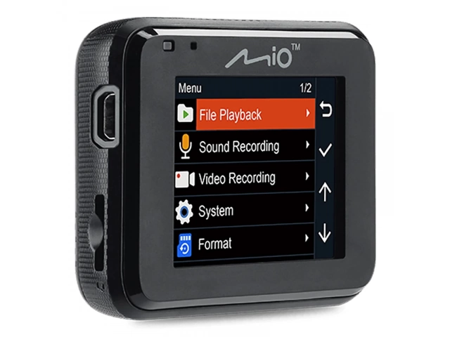 Cámara para auto (dash cam) Mio MiVue C320, grabando en Full HD 1080p, con lente gran angular y G-Sensor para detección de impactos. Disponible en Avlis Uruguay.