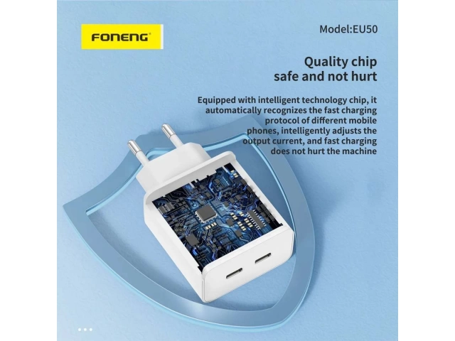 Cargador Foneng EU50 35W ofreciendo carga inteligente y segura para múltiples dispositivos gracias a sus puertos USB-C PD y USB-A QC3.0. Avlis Uruguay.