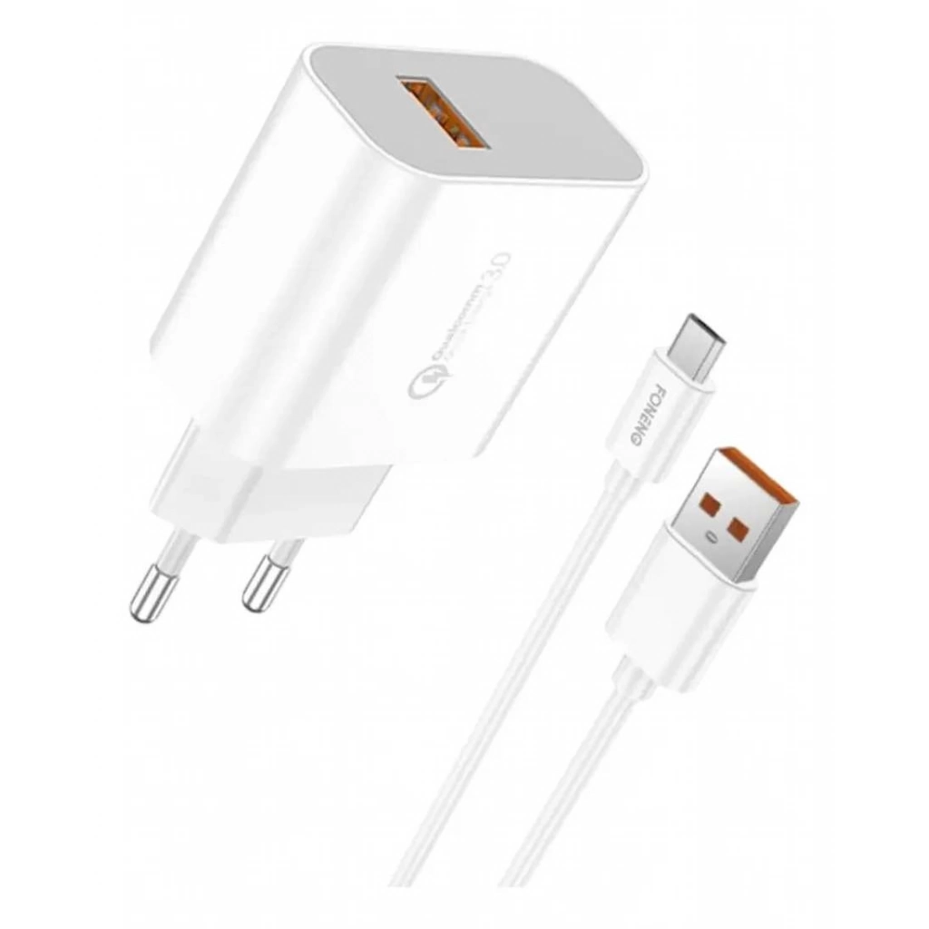 Detalle de los puertos USB-C (Power Delivery 18W) y USB-A (Quick Charge 3.0) del cargador de pared rápido Foneng EU46, en Avlis.
