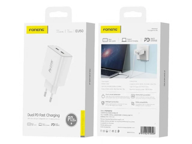 Cargador rápido Foneng EU50 35W cargando un smartphone vía USB-C PD y una tablet vía USB-A QC3.0 simultáneamente. Eficiencia y potencia. Avlis.