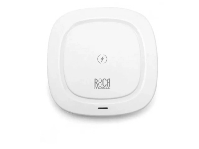 Cargador inalámbrico Roca 10W/2 compatible con Qi, cargando un smartphone, en Avlis Uruguay.