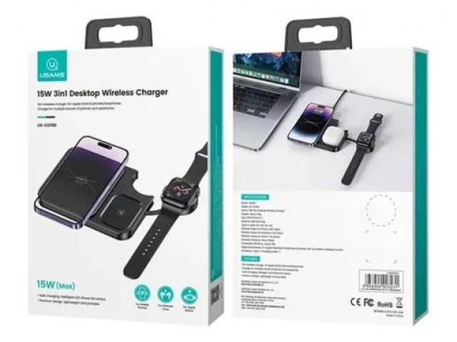 Cargador inalámbrico 3 en 1 plegable de USAMS en color negro, cargando un iPhone, Apple Watch y AirPods simultáneamente.