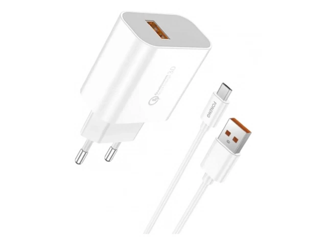 Cargador de pared Foneng EU46 de 18W con puerto USB-A (compatible QC3.0) y cable Micro USB de 3A para carga rápida de dispositivos. Avlis Uruguay.