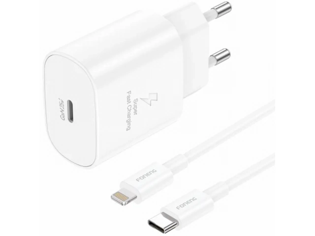 Cargador de pared Foneng EU51 de 25W con puerto USB-C Power Delivery y cable Tipo-C a Tipo-C incluido, para carga ultra rápida. Disponible en Avlis Uruguay.
