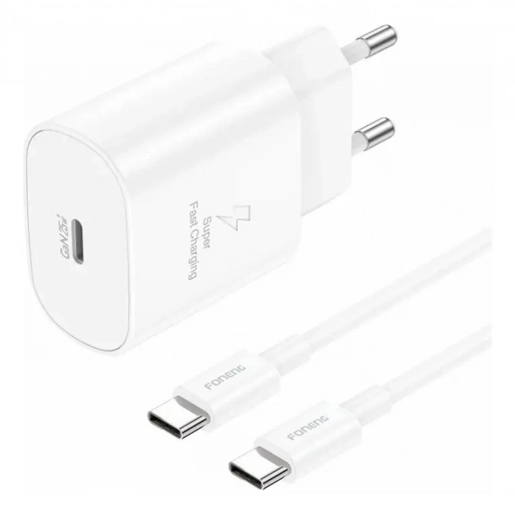 Detalle del puerto USB Tipo C del cargador de pared Foneng EU51 blanco, diseñado para carga rápida de 20W PD. Accesorios Avlis.
