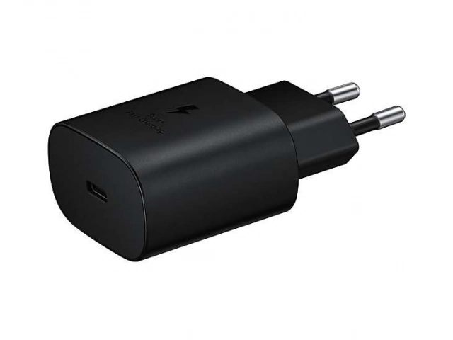 Diseño compacto del cargador de pared Samsung original Tipo C 25W negro (sin cable). Perfecto para viajes y uso diario. Comprá en Avlis Uruguay.