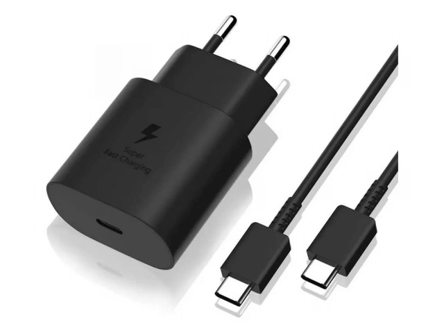 Cargador de pared Samsung original de 25W con tecnología Super Fast Charging, puerto USB-C y cable Tipo-C a Tipo-C en color Negro. Avlis Uruguay.