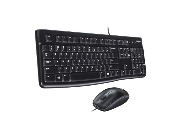 Vista frontal del teclado Logitech MK120 con diseño clásico y teclas silenciosas.