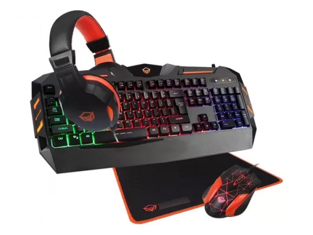 Vista frontal del Combo Gamer Meetion C500 con teclado, mouse, auriculares y alfombrilla.