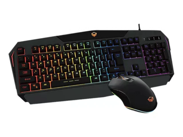 Vista lateral del combo Meetion C510 mostrando el diseño ergonómico del teclado y mouse.