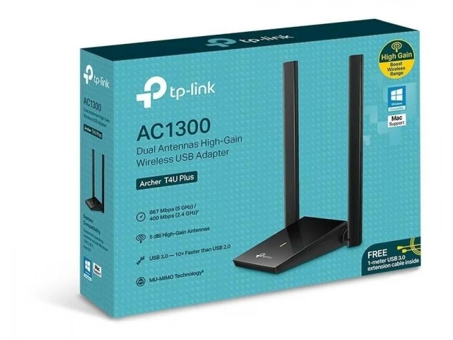 Adaptador Wi-Fi TP-Link Archer T4U Plus AC1300 conectado a una laptop, mejorando la conexión en Uruguay, comprá en Avlis,