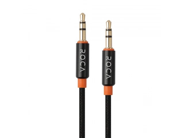 Detalle de los conectores jack 3.5mm del cable auxiliar Roca, diseñados para una transmisión de sonido óptima y durabilidad. Accesorios audio Avlis.