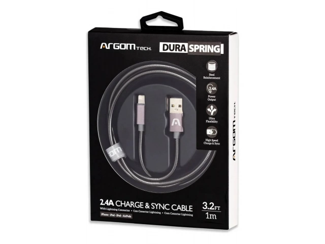 Primer plano de los conectores metálicos y el trenzado resistente del cable Lightning Argom Metal para iPhone, garantizando mayor durabilidad. Accesorios Avlis.