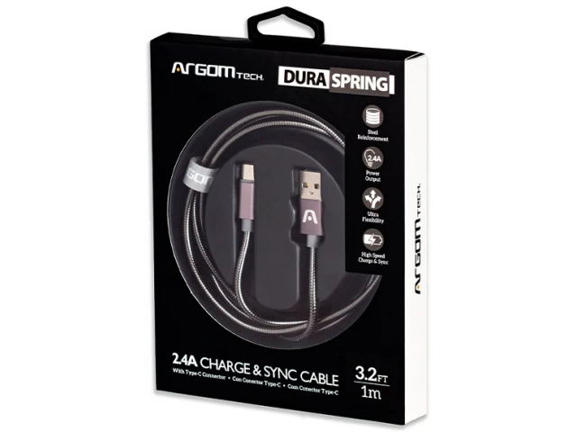 Primer plano de los conectores USB Tipo C y USB-A metálicos y el posible trenzado del cable Argom Metal, evidenciando su construcción robusta. Avlis.