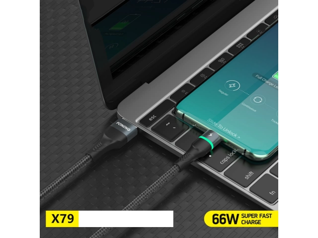 Detalle de los conectores reforzados y duraderos del cable Foneng X79 USB-A a Tipo C 66W, diseñado para uso intensivo. Avlis Uruguay.
