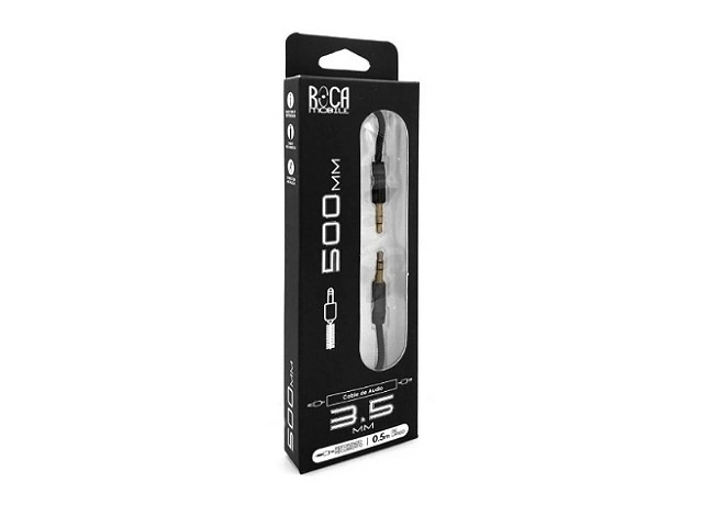 Primer plano de los conectores jack 3.5mm del cable auxiliar Roca de 50cm, mostrando su construcción para una transmisión de audio clara y duradera.