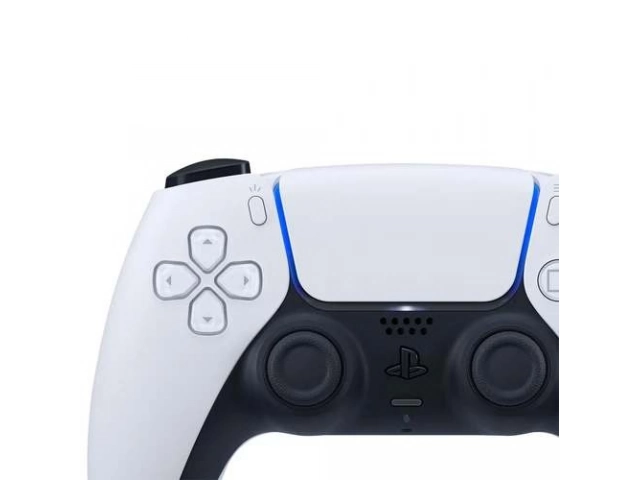 Joystick Sony PS5 DualSense blanco mostrando el micrófono integrado, botón Crear y altavoz. Funciones de nueva generación. Avlis Uruguay.