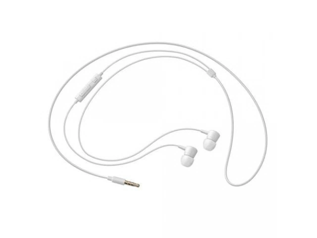 Detalle del botón de control y micrófono de los auriculares Samsung HS1303 blancos, función manos libres.