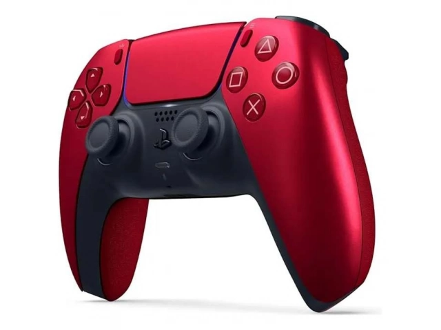 Detalle del intenso color rojo y diseño ergonómico del control Sony PS5 DualSense Cosmic Red.