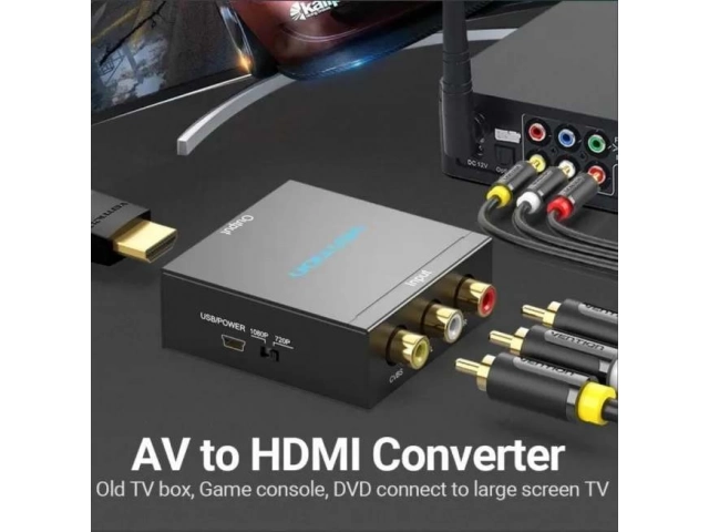 Detalle de los puertos RCA de entrada, HDMI de salida y el puerto de alimentación USB del convertidor Vention metálico negro. Avlis Uruguay.
