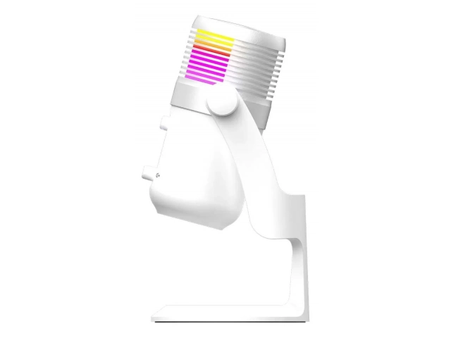 Detalle del acabado blanco puro y logo del micrófono Fantech Leviosa MCX03, sinónimo de calidad.