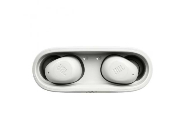 Detalle del diseño ergonómico del auricular JBL Wave Bud Blanco con logo JBL.