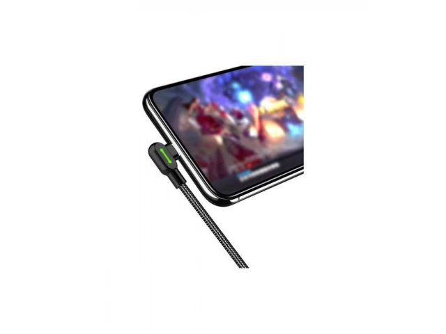 Primer plano del conector USB-C en ángulo del cable Mcdodo CA-5282 con su indicador LED de carga.