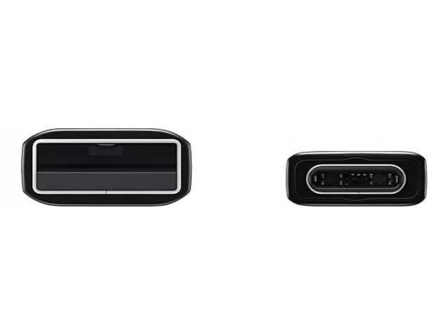 Primer plano de los conectores USB-C y USB-A del cable original Samsung de 1.5m, garantizando una conexión robusta y duradera. Avlis.