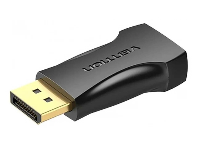 Primer plano de los conectores DisplayPort y HDMI bañados en oro del adaptador Vention negro, asegurando una transmisión de señal óptima y durabilidad. Vention en Avlis.