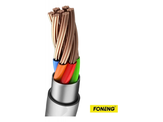 Primer plano de los conectores Lightning y USB-A reforzados del cable Foneng X66 de 1 metro, diseñado para durabilidad y carga eficiente de 3A. Accesorios Foneng en Avlis. 