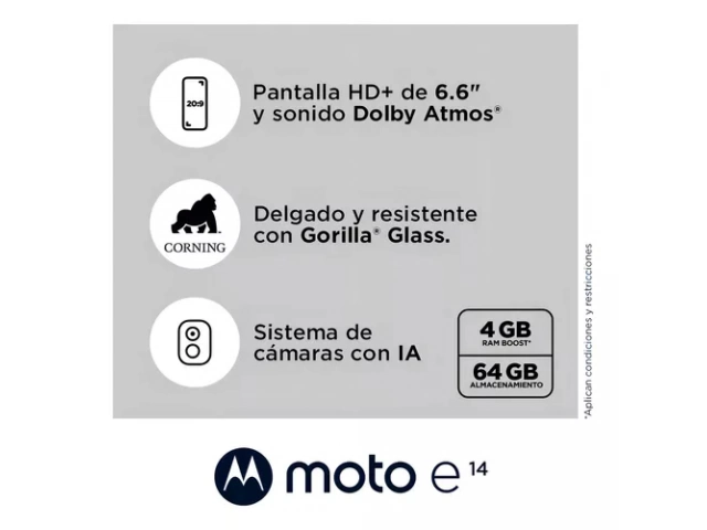 Motorola E14 2/64GB Gris con pantalla encendida mostrando interfaz Android 14