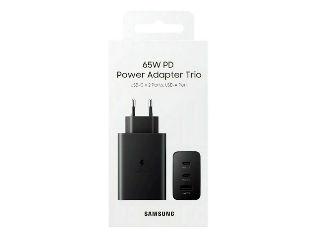 Detalle de los tres puertos (2 USB-C Power Delivery con PPS, 1 USB-A con AFC) del cargador Samsung Trio original de 65W. Versatilidad y potencia para tus dispositivos. Avlis Uruguay.