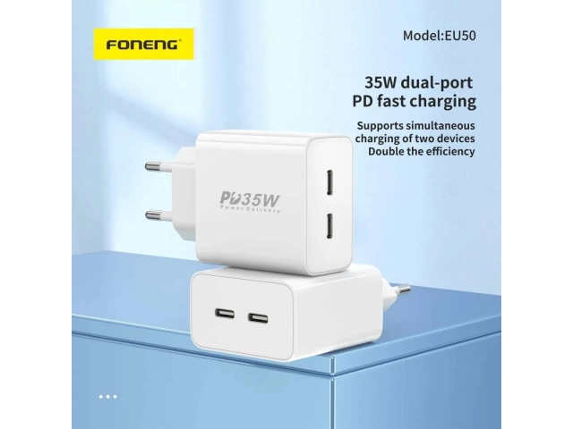 Detalle de los puertos USB-C PD (Power Delivery 35W) y USB-A QC3.0 (Quick Charge 18W) del cargador de pared Foneng EU50 35W. Versatilidad de carga. Avlis Uruguay.