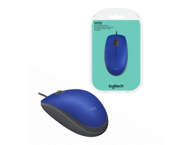 Diseño confortable y ambidiestro de tamaño completo del Mouse Logitech M110 Silent azul, con su cable USB.